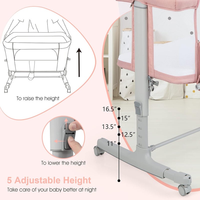 INFANS 3 in 1 Baby Bassinet, Bedside Sleeper for Newborn, Folding Crib with Mattress, Travel Bag, Wheels, 4-Sided Mesh, Easy to Assemble Cradle Co Sleeper Stationary, Rock (Pink) - Image 4
